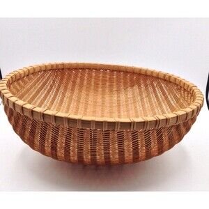 Vtg Bamboo Woven Basket Round Handmade Storage Gathering Bowl Boho Farmhouse 13"